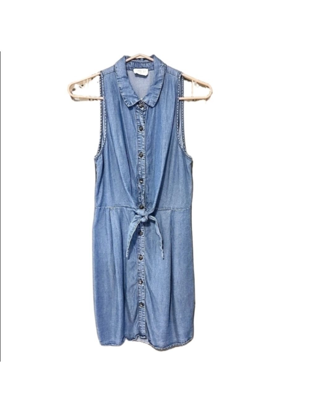 Sienna Sky Blue Denim Chambray Mini Dress Button Down Medium Wash Sleeveless EUC